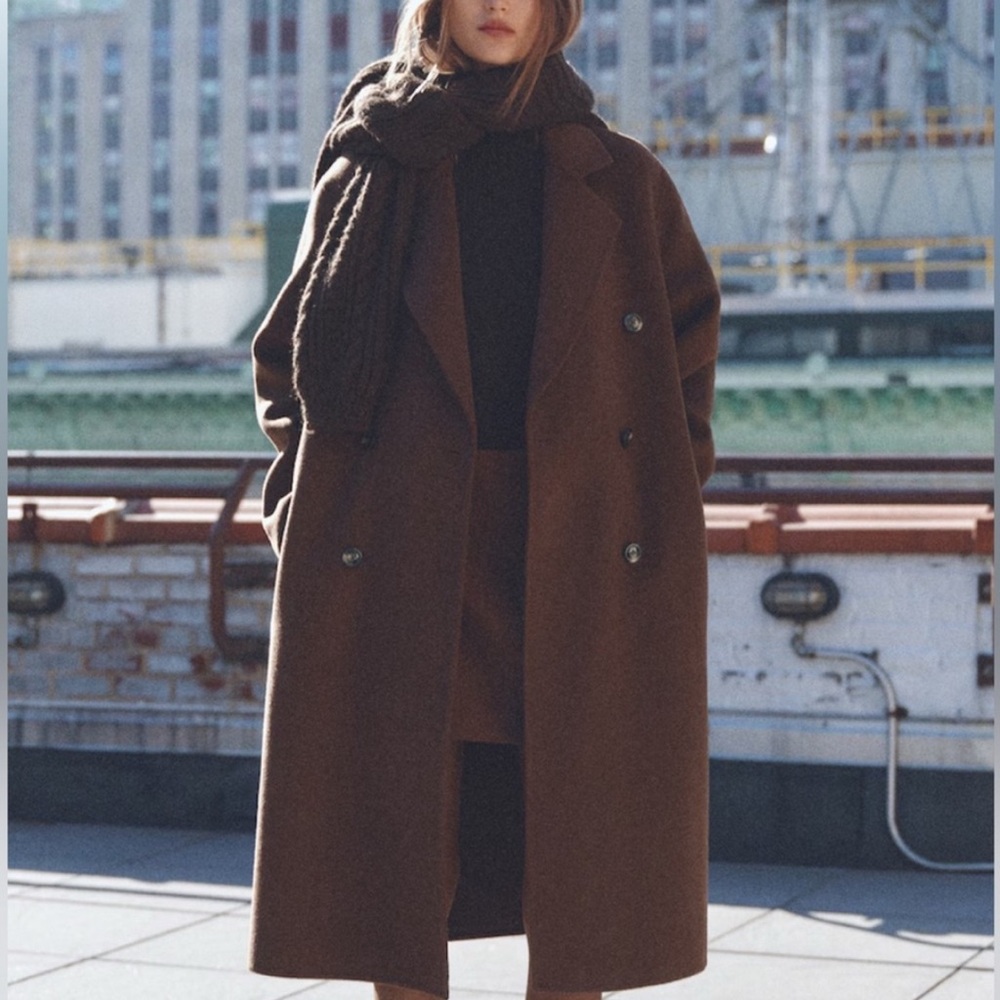 Mango Handmade Unlined Picarol Oversized Brown Wool Coat